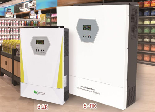Diagram showing energy flow in a DeRun hybrid system: solar to home/battery, battery discharging during peak hours, grid charging during off-peak